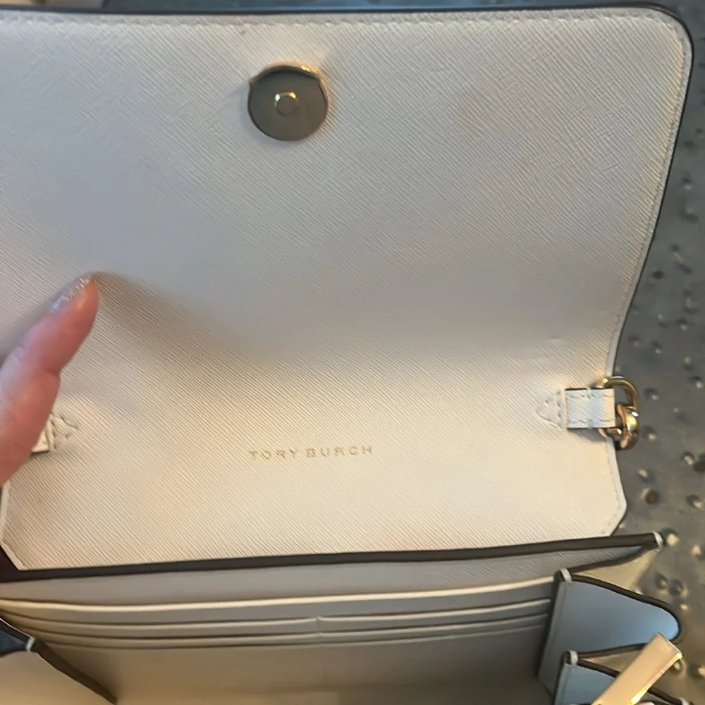 Tory Burch Kerrington Ribbon Weave Bias small Crossbody, cream w red, blue, gold - Picture 8 of 9